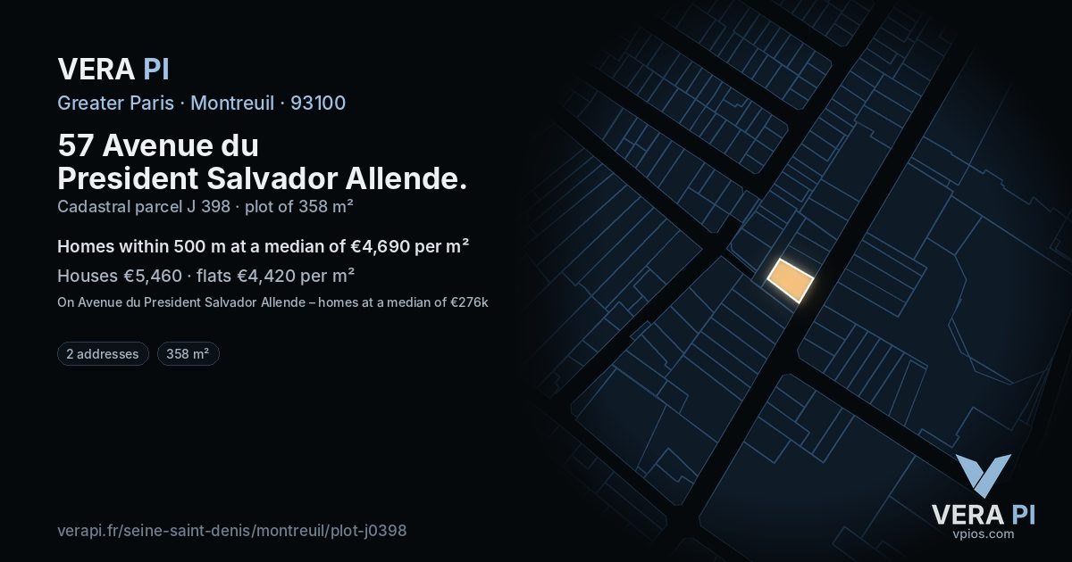 57 Avenue du President Salvador Allende, Montreuil at night – the plot lit, the parcels around coloured by the prices near them