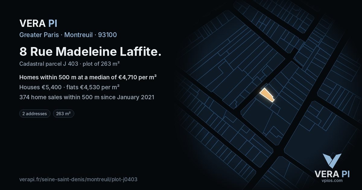 8 Rue Madeleine Laffite, Montreuil at night – the plot lit, the parcels around coloured by the prices near them