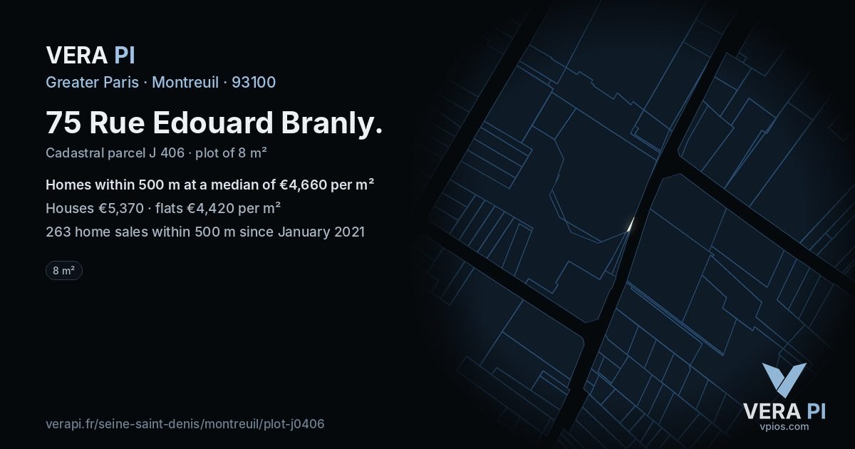 75 Rue Edouard Branly, Montreuil at night – the plot lit, the parcels around coloured by the prices near them
