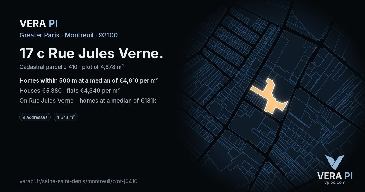 17 c Rue Jules Verne, Montreuil at night – the plot lit, the parcels around coloured by the prices near them