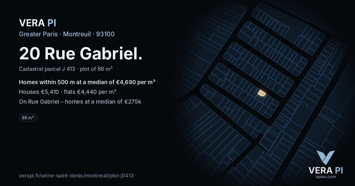 20 Rue Gabriel, Montreuil at night – the plot lit, the parcels around coloured by the prices near them