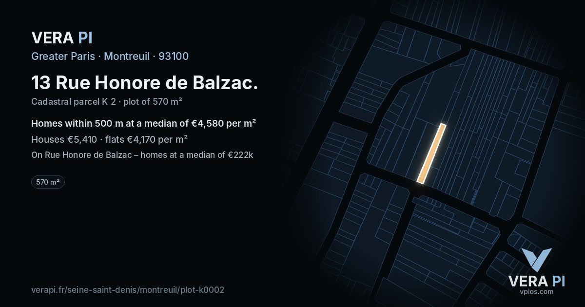 13 Rue Honore de Balzac, Montreuil at night – the plot lit, the parcels around coloured by the prices near them