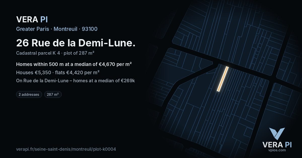 26 Rue de la Demi-Lune, Montreuil at night – the plot lit, the parcels around coloured by the prices near them