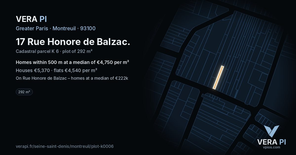17 Rue Honore de Balzac, Montreuil at night – the plot lit, the parcels around coloured by the prices near them