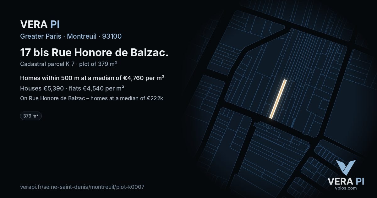 17 bis Rue Honore de Balzac, Montreuil at night – the plot lit, the parcels around coloured by the prices near them