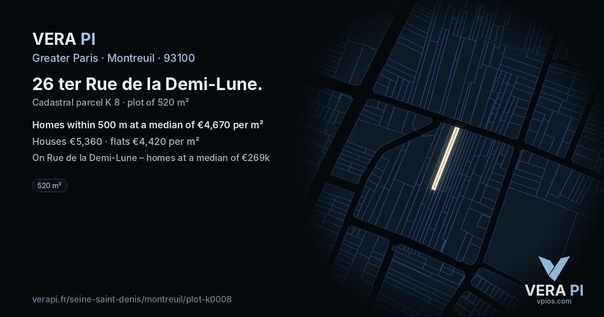 26 ter Rue de la Demi-Lune, Montreuil at night – the plot lit, the parcels around coloured by the prices near them