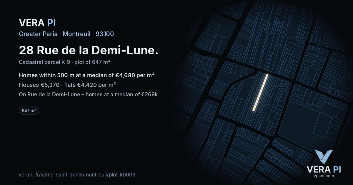 28 Rue de la Demi-Lune, Montreuil at night – the plot lit, the parcels around coloured by the prices near them