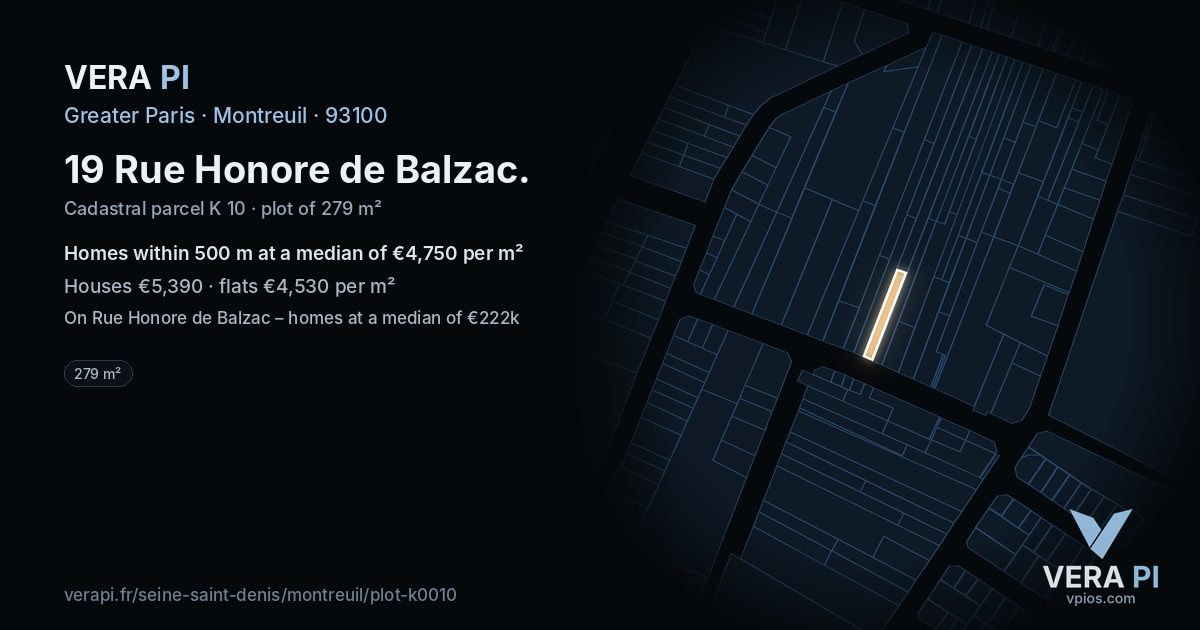 19 Rue Honore de Balzac, Montreuil at night – the plot lit, the parcels around coloured by the prices near them