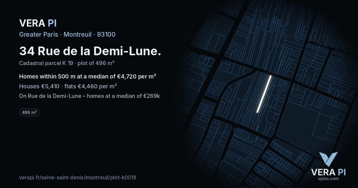 34 Rue de la Demi-Lune, Montreuil at night – the plot lit, the parcels around coloured by the prices near them
