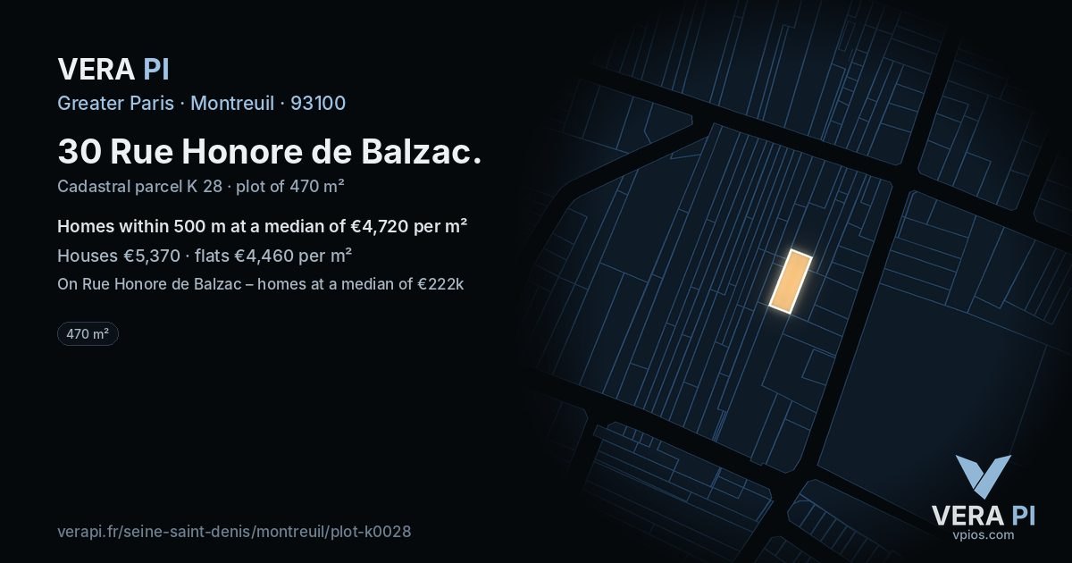 30 Rue Honore de Balzac, Montreuil at night – the plot lit, the parcels around coloured by the prices near them
