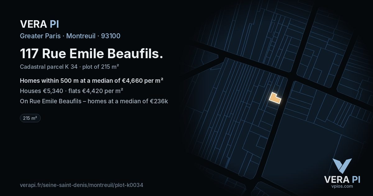 117 Rue Emile Beaufils, Montreuil at night – the plot lit, the parcels around coloured by the prices near them
