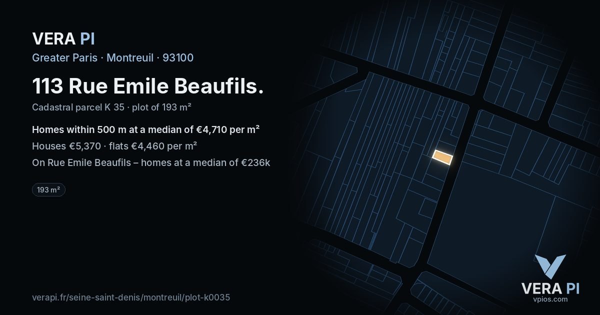 113 Rue Emile Beaufils, Montreuil at night – the plot lit, the parcels around coloured by the prices near them
