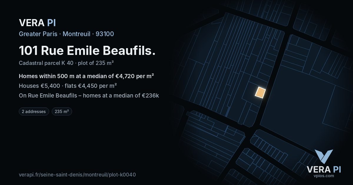 101 Rue Emile Beaufils, Montreuil at night – the plot lit, the parcels around coloured by the prices near them