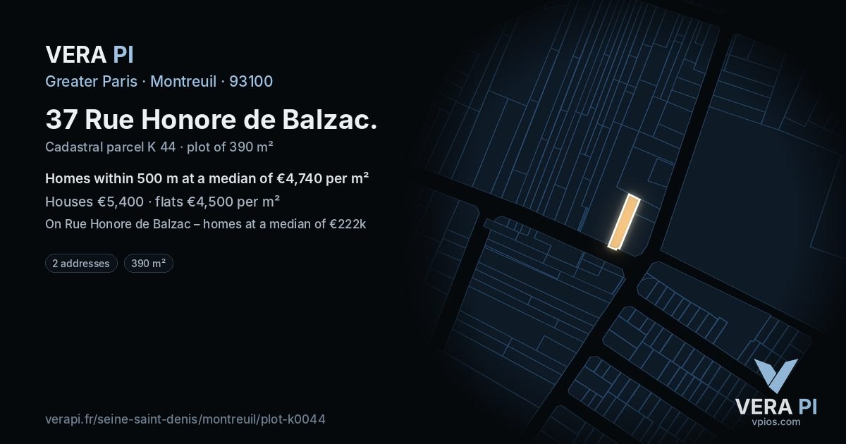 37 Rue Honore de Balzac, Montreuil at night – the plot lit, the parcels around coloured by the prices near them