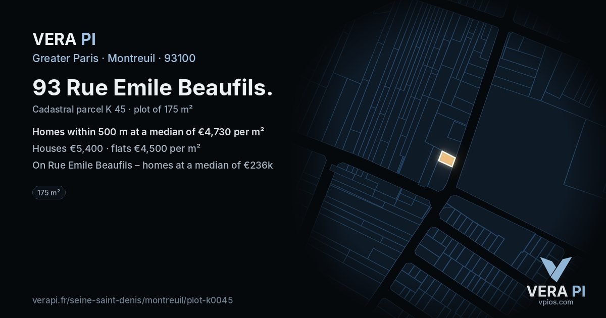 93 Rue Emile Beaufils, Montreuil at night – the plot lit, the parcels around coloured by the prices near them