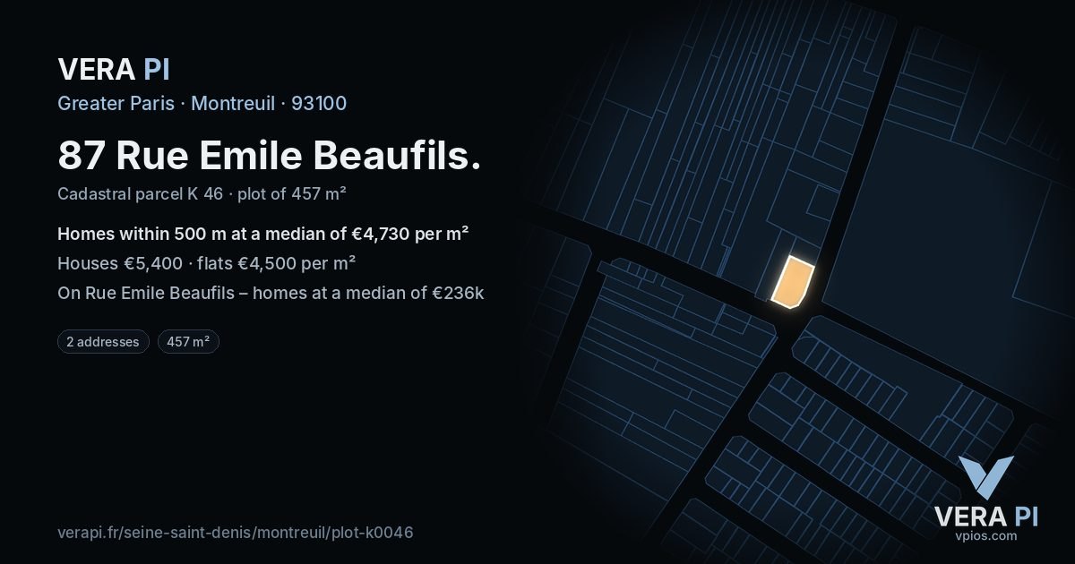 87 Rue Emile Beaufils, Montreuil at night – the plot lit, the parcels around coloured by the prices near them