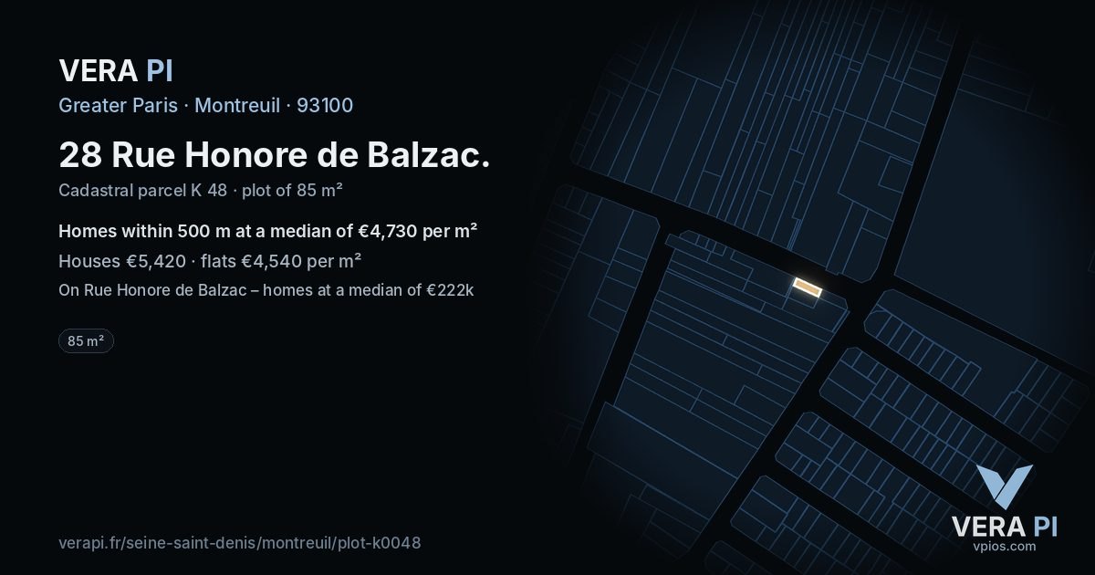 28 Rue Honore de Balzac, Montreuil at night – the plot lit, the parcels around coloured by the prices near them