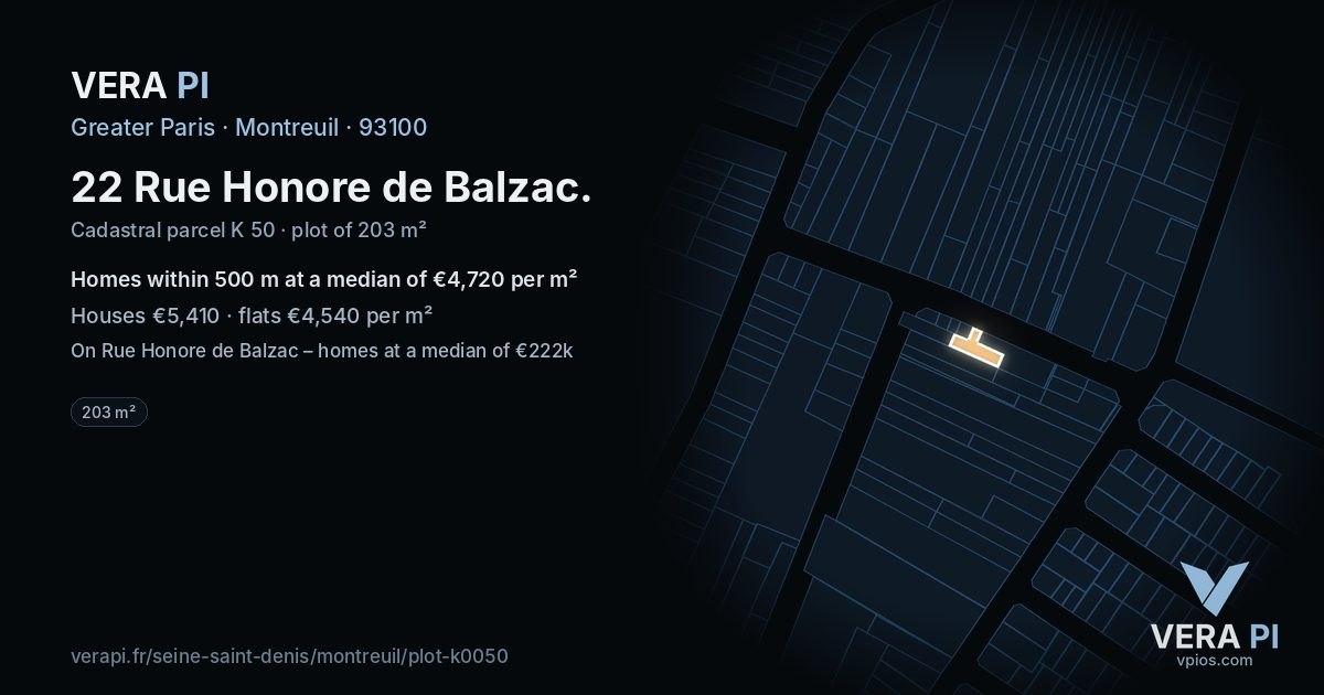 22 Rue Honore de Balzac, Montreuil at night – the plot lit, the parcels around coloured by the prices near them