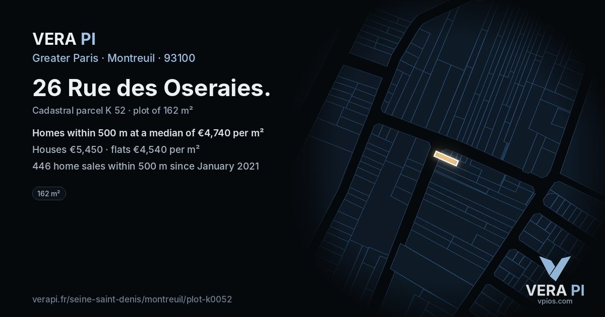 26 Rue des Oseraies, Montreuil at night – the plot lit, the parcels around coloured by the prices near them