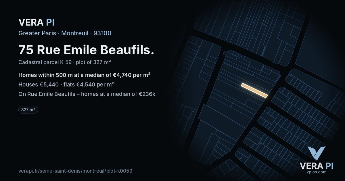 75 Rue Emile Beaufils, Montreuil at night – the plot lit, the parcels around coloured by the prices near them