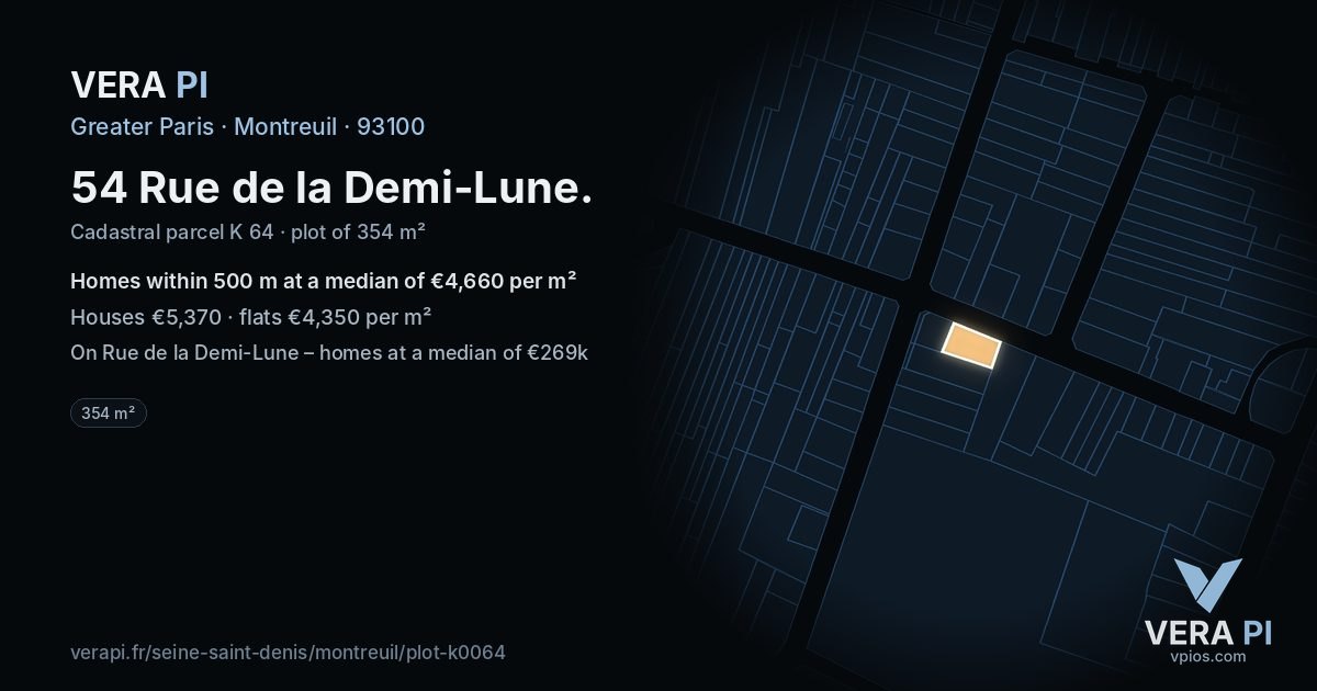 54 Rue de la Demi-Lune, Montreuil at night – the plot lit, the parcels around coloured by the prices near them