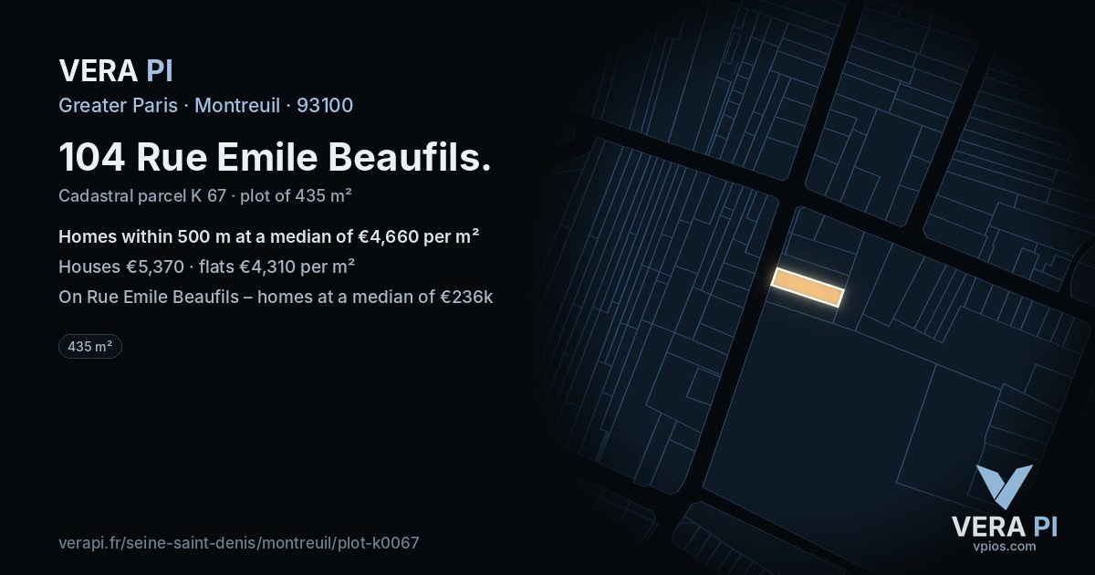 104 Rue Emile Beaufils, Montreuil at night – the plot lit, the parcels around coloured by the prices near them
