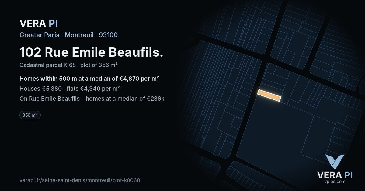 102 Rue Emile Beaufils, Montreuil at night – the plot lit, the parcels around coloured by the prices near them