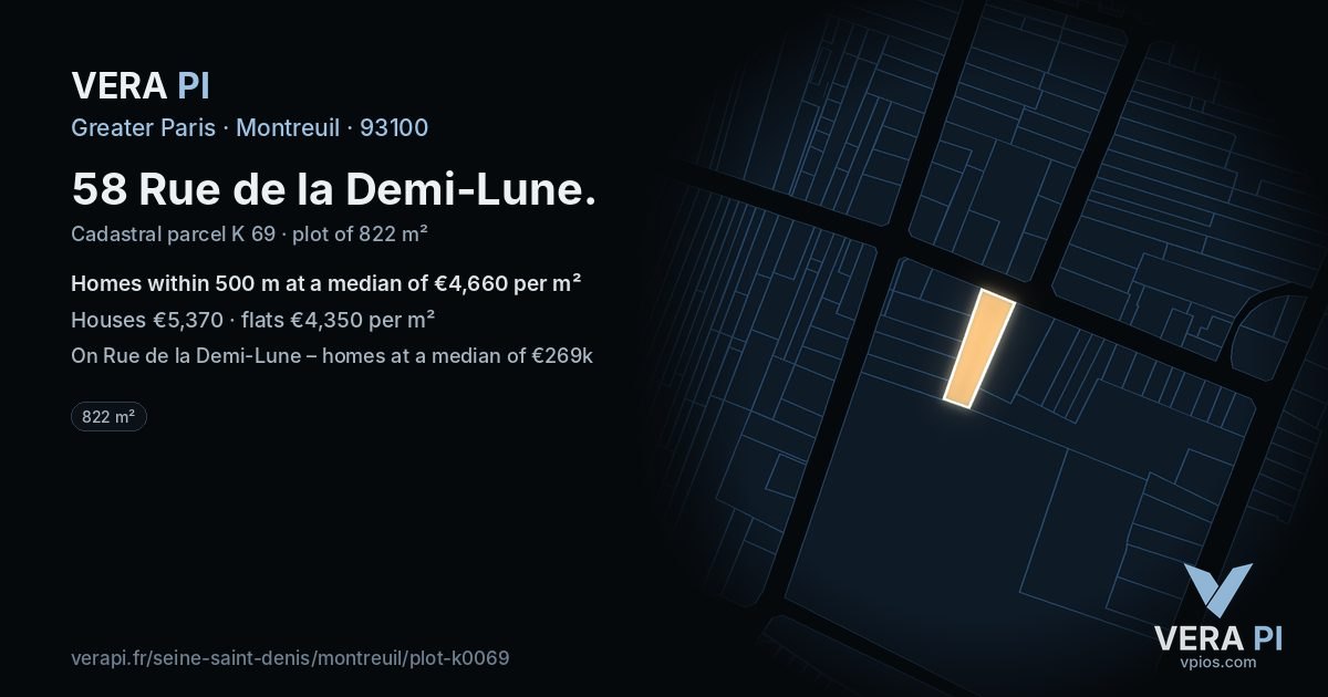 58 Rue de la Demi-Lune, Montreuil at night – the plot lit, the parcels around coloured by the prices near them