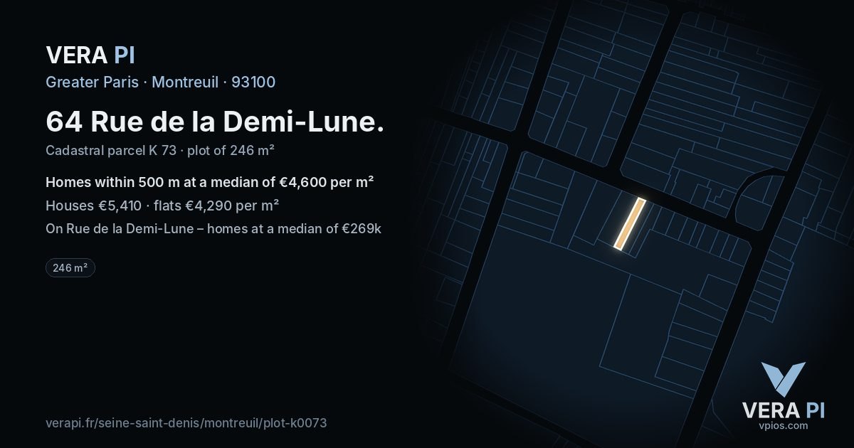 64 Rue de la Demi-Lune, Montreuil at night – the plot lit, the parcels around coloured by the prices near them