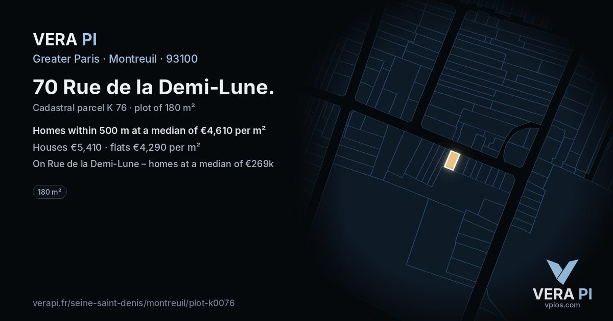 70 Rue de la Demi-Lune, Montreuil at night – the plot lit, the parcels around coloured by the prices near them