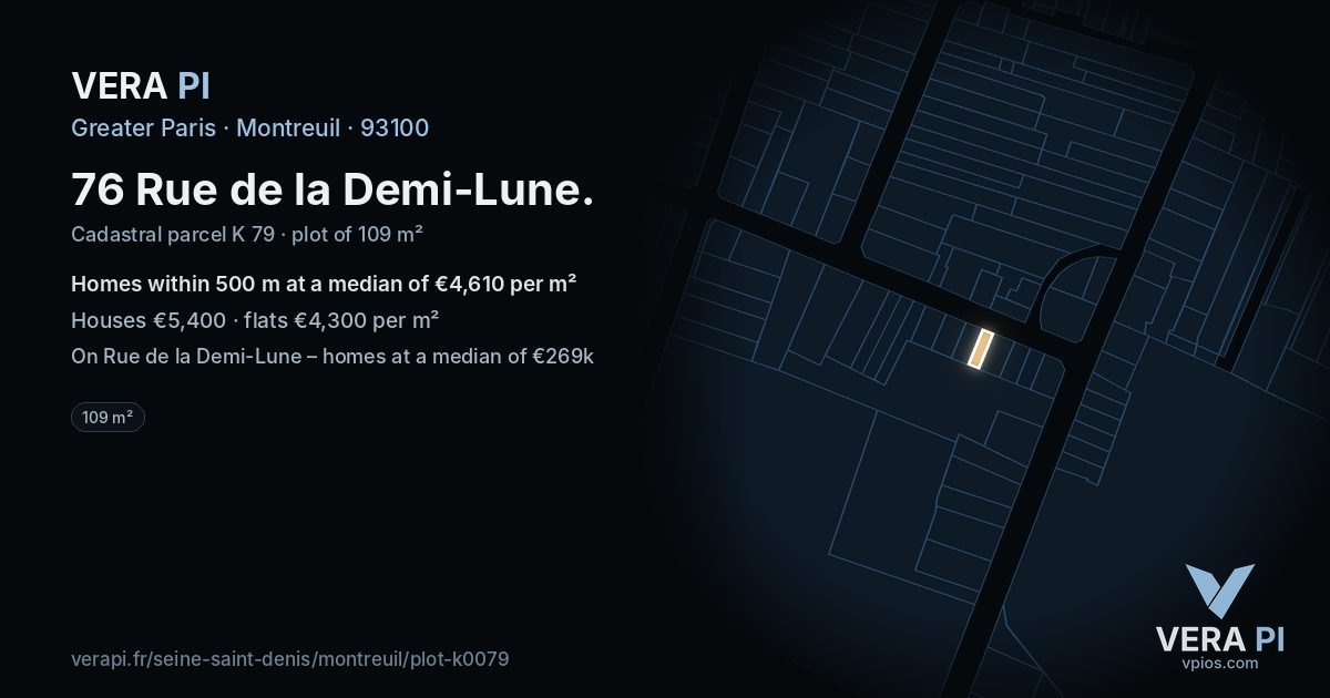 76 Rue de la Demi-Lune, Montreuil at night – the plot lit, the parcels around coloured by the prices near them