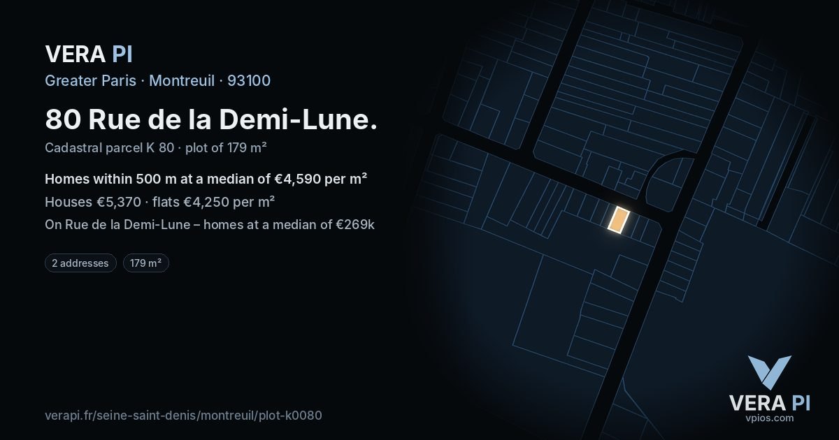 80 Rue de la Demi-Lune, Montreuil at night – the plot lit, the parcels around coloured by the prices near them