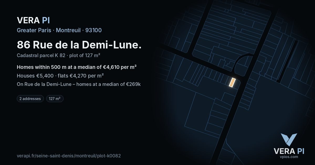 86 Rue de la Demi-Lune, Montreuil at night – the plot lit, the parcels around coloured by the prices near them