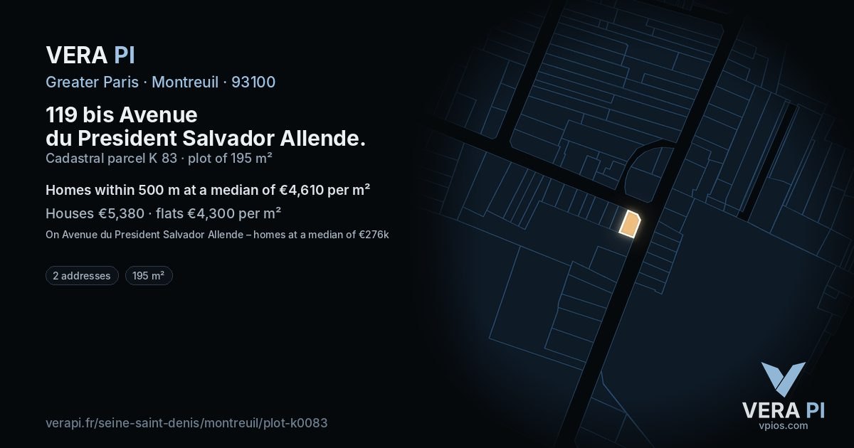 119 bis Avenue du President Salvador Allende, Montreuil at night – the plot lit, the parcels around coloured by the prices near them