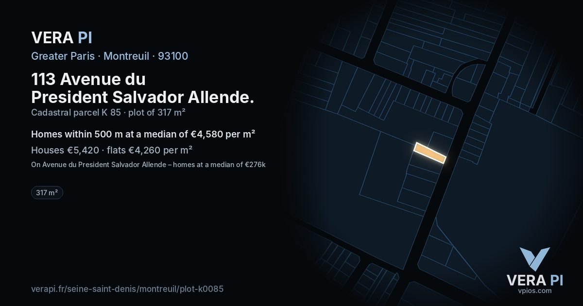 113 Avenue du President Salvador Allende, Montreuil at night – the plot lit, the parcels around coloured by the prices near them