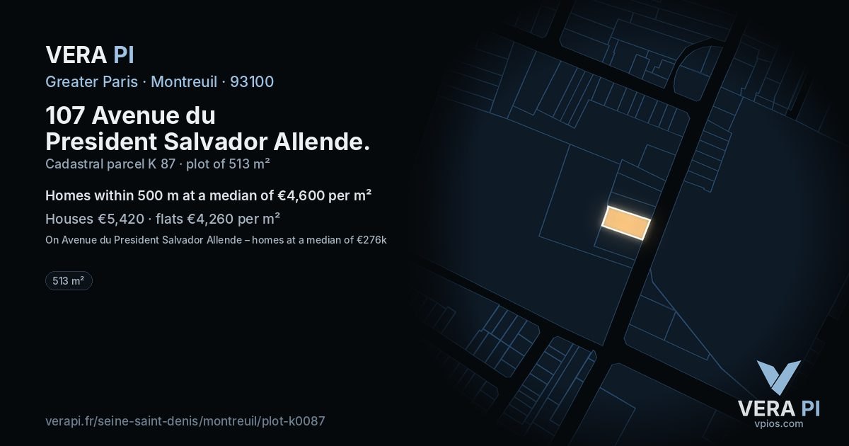 107 Avenue du President Salvador Allende, Montreuil at night – the plot lit, the parcels around coloured by the prices near them