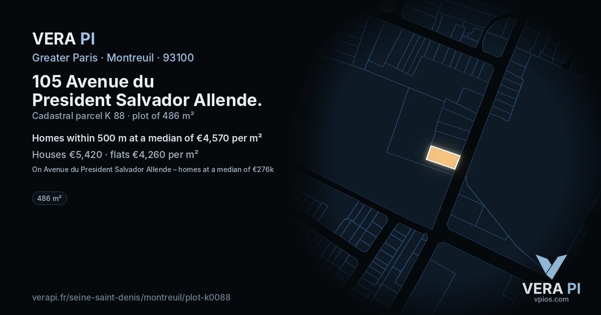 105 Avenue du President Salvador Allende, Montreuil at night – the plot lit, the parcels around coloured by the prices near them