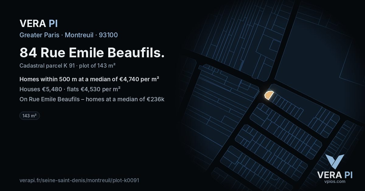 84 Rue Emile Beaufils, Montreuil at night – the plot lit, the parcels around coloured by the prices near them