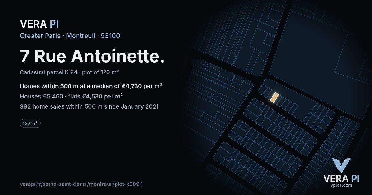 7 Rue Antoinette, Montreuil at night – the plot lit, the parcels around coloured by the prices near them