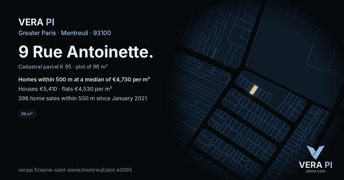 9 Rue Antoinette, Montreuil at night – the plot lit, the parcels around coloured by the prices near them
