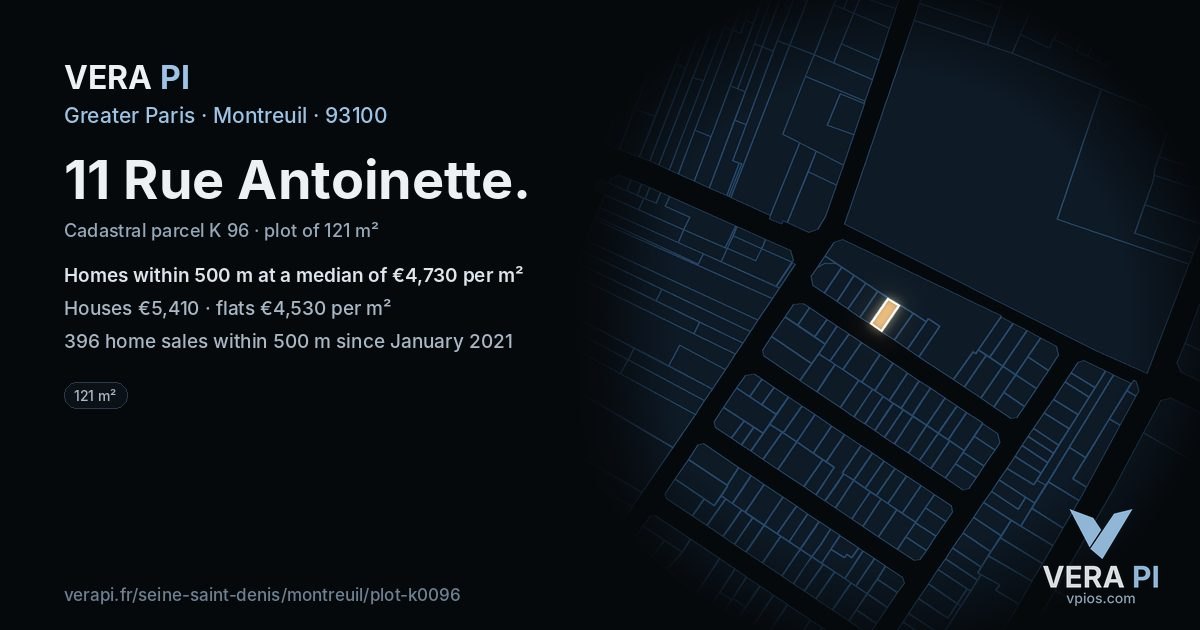 11 Rue Antoinette, Montreuil at night – the plot lit, the parcels around coloured by the prices near them
