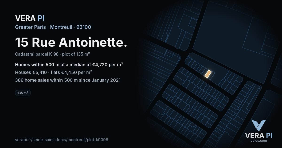 15 Rue Antoinette, Montreuil at night – the plot lit, the parcels around coloured by the prices near them