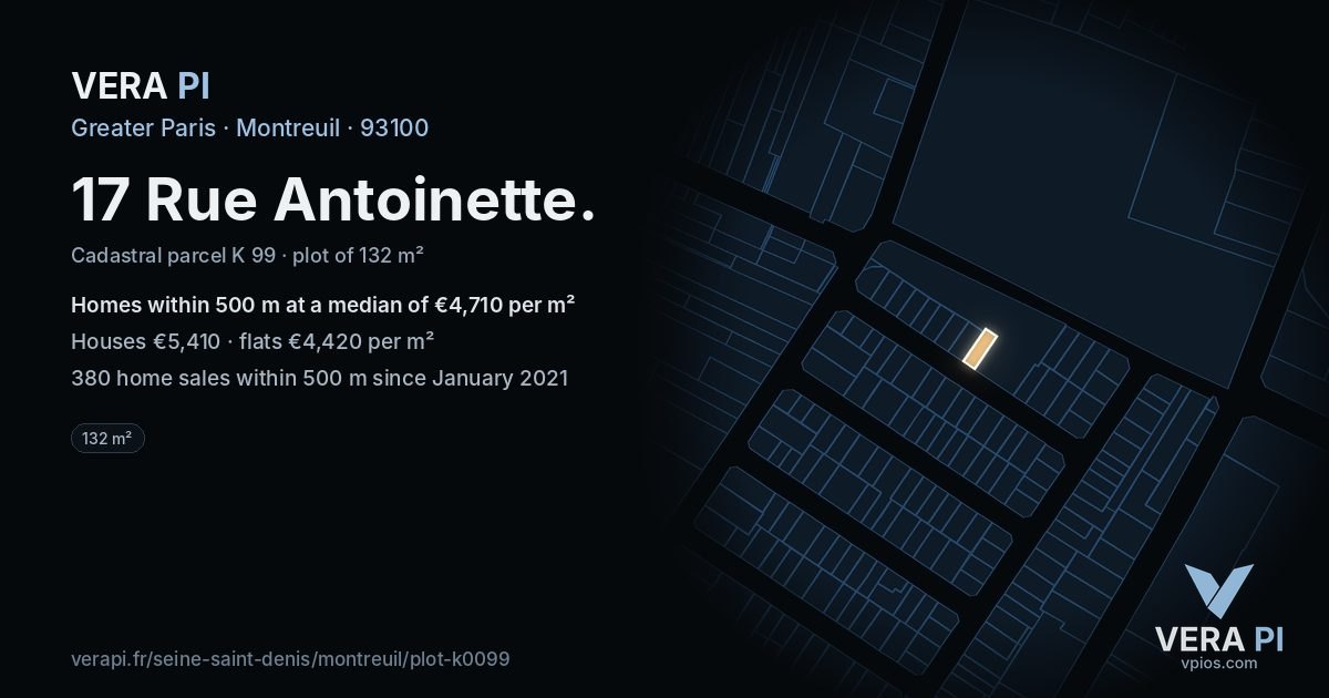 17 Rue Antoinette, Montreuil at night – the plot lit, the parcels around coloured by the prices near them