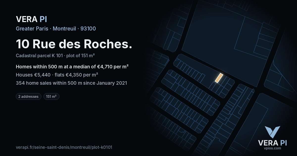 10 Rue des Roches, Montreuil at night – the plot lit, the parcels around coloured by the prices near them