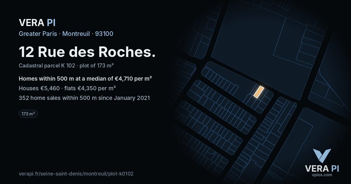 12 Rue des Roches, Montreuil at night – the plot lit, the parcels around coloured by the prices near them