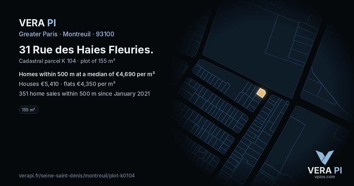 31 Rue des Haies Fleuries, Montreuil at night – the plot lit, the parcels around coloured by the prices near them