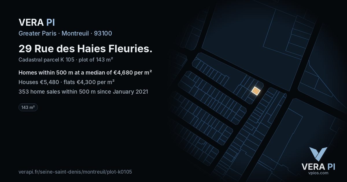 29 Rue des Haies Fleuries, Montreuil at night – the plot lit, the parcels around coloured by the prices near them