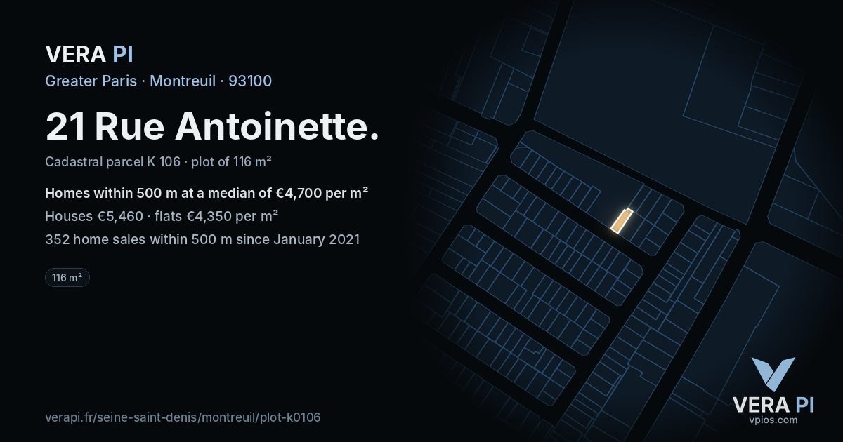 21 Rue Antoinette, Montreuil at night – the plot lit, the parcels around coloured by the prices near them