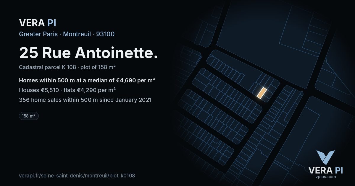 25 Rue Antoinette, Montreuil at night – the plot lit, the parcels around coloured by the prices near them