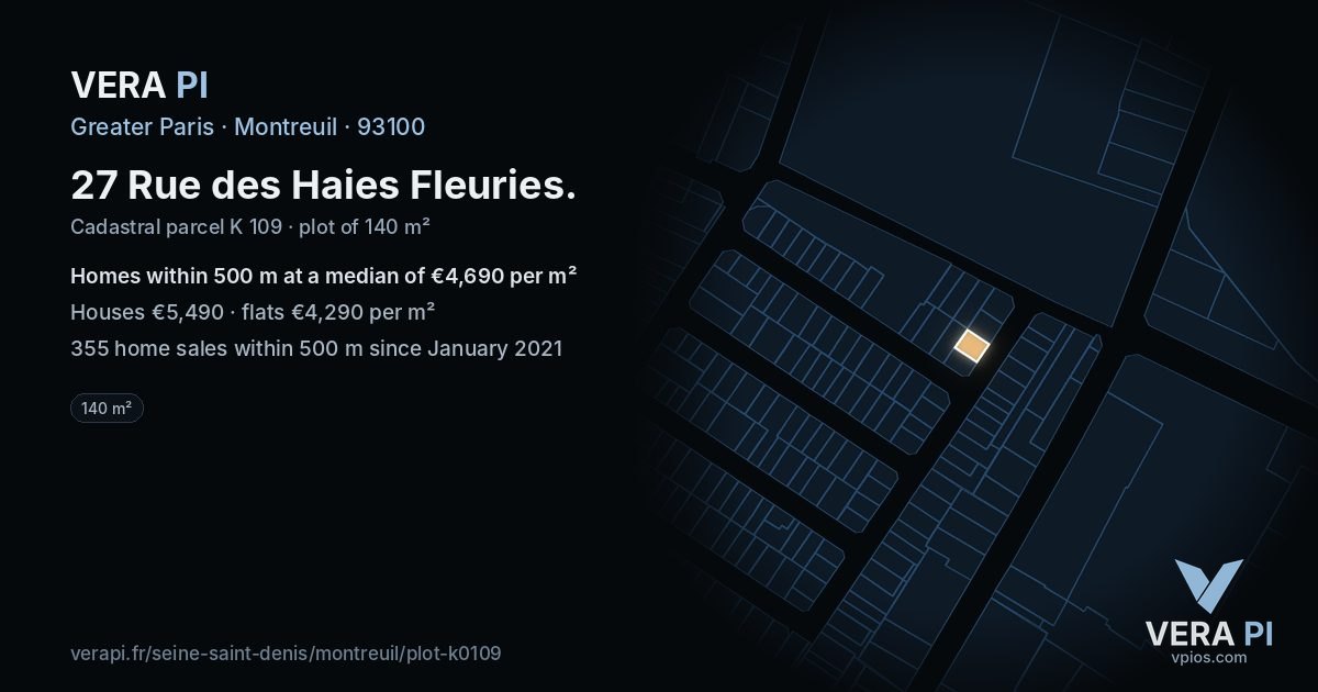 27 Rue des Haies Fleuries, Montreuil at night – the plot lit, the parcels around coloured by the prices near them